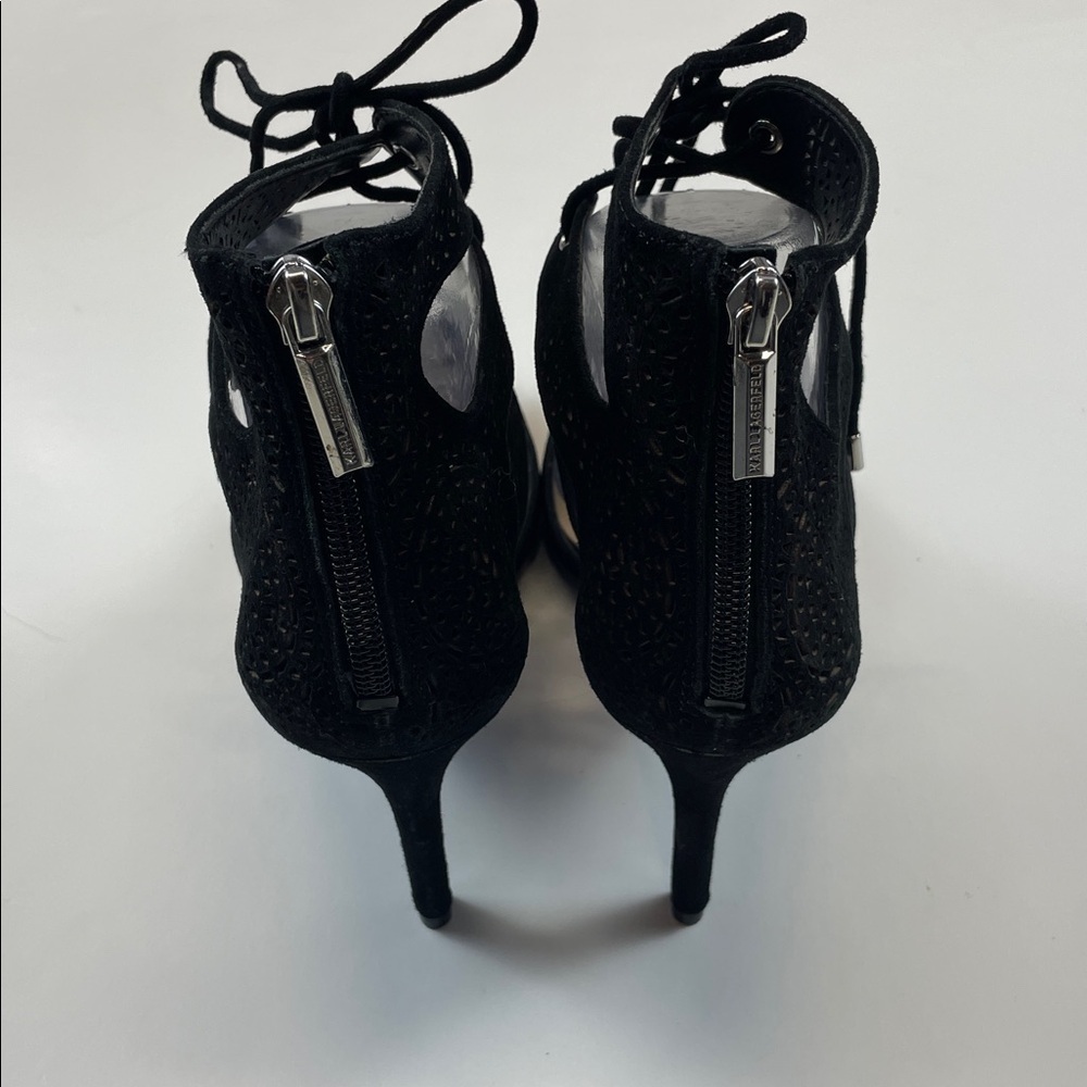 Karl Lagerfeld Paris Black Suede Laser Cut Lace Up Heels Womens Sz 8 - Picture 6 of 10